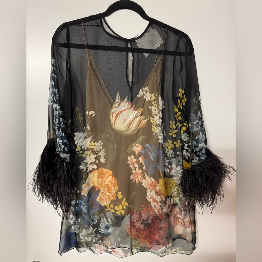 Oscar de la Renta Ostrich sleeved Black and Orange Graphic Embellished Blouse